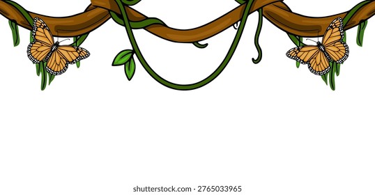 Vibrant vector banner of monarch butterflies on jungle vines with lush green leaves