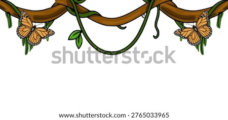 Vibrant vector banner of monarch butterflies on jungle vines with lush green leaves