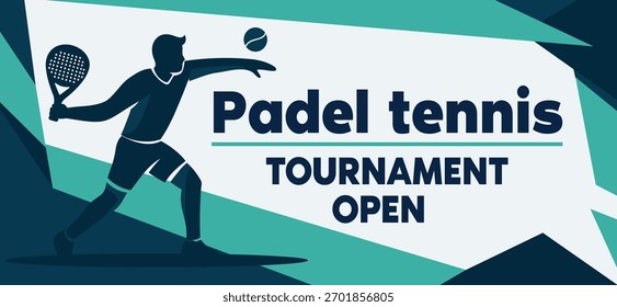 Um banner vetorial vibrante para o Open Padel Tennis Tournament. Silhueta do jogador em azul, branco e cores de menta com acentos geométricos. Adequado para publicidade, padel clubs, cartazes, competições