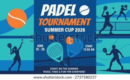 Vibrant vector banner for the Open Padel Tennis Championship and Cup. Sporty style, dynamic silhouettes of players, balls, rackets create modern design. For sporting events, promotions, social media