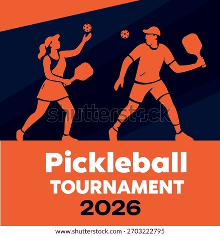 A vibrant vector banner promoting a pickleball tournament. Dynamic player silhouettes in orange blue create a modern scalable illustration. For advertising, clubs, posters, digital media, competitions
