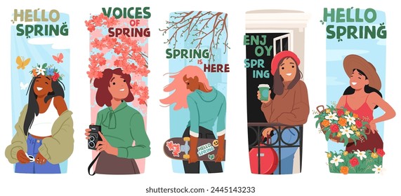 Vibrant Vector Banners Celebrating Spring With Joyful Young Girls Characters Amidst Blooming Flowers, Radiant Sunshine, And Fluttering Butterflies, Embodying The Rejuvenation And Joy Of The Season