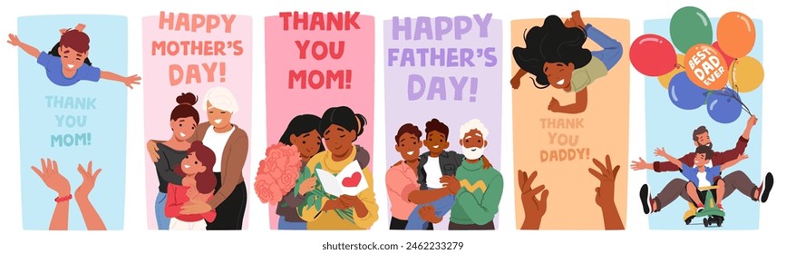 Vibrant Vector Banners Featuring Diverse Families On Mothers And Fathers Day Celebrations. Each Panel Depicts Joyous Interactions With Parents And Children, at Special Festive Occasions