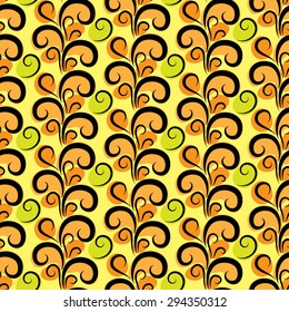 Vibrant vector beautiful seamless print. Black curls on a different color stains
