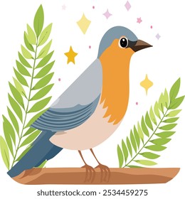 A vibrant vector of a bird perched on a branch, featuring a gray-blue body, orange chest, and surrounded by green ferns and colorful stars. Perfect for whimsical and nature-themed designs!