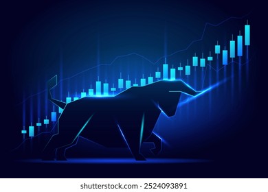 Vibrant vector of a bull silhouette with upward stock market trend lines on a dark blue background, symbolizing financial growth.