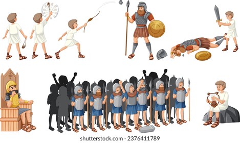 A vibrant vector cartoon depicting the famous David and Goliath religious tale