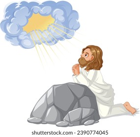 A vibrant vector cartoon depicting Jesus in prayer at the Garden of Gethsemane