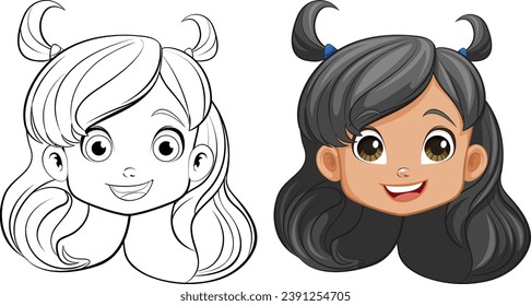 A vibrant vector cartoon illustration of a cheerful girl with a smiling head, perfect for coloring pages