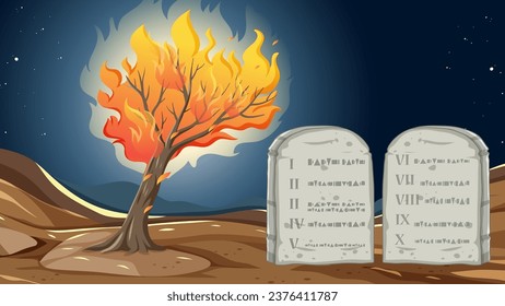 Eine lebendige Vektorgrafik, die Moses und den brennenden Busch aus der biblischen Geschichte der Zehn Gebote darstellt