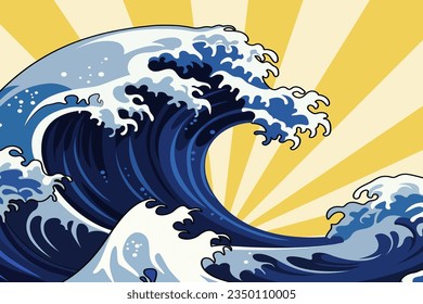 A vibrant vector cartoon illustration featuring a Japanese-style great wave against a retro comic background