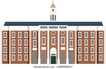A vibrant vector cartoon illustration of Harvard Hall and other university buildings