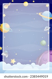 A vibrant vector cartoon illustration of outer space with multiple planets, featuring a decorative border frame template