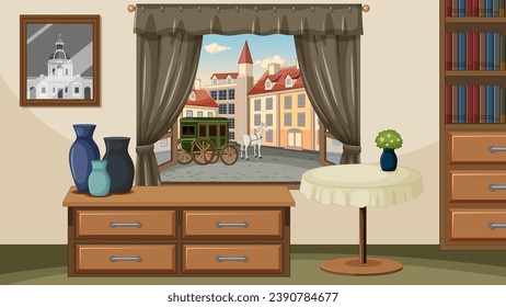 A vibrant vector cartoon illustration of a reconstructed living room from the old period