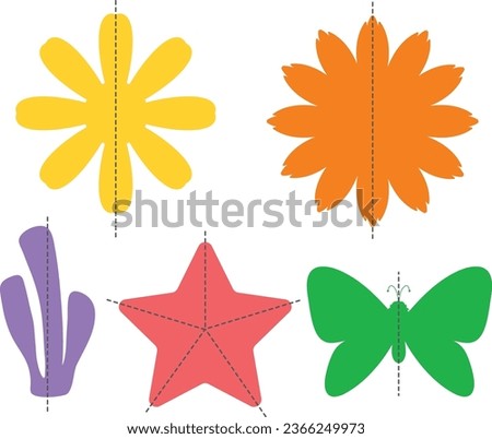 A vibrant vector cartoon illustration showcasing the beauty of symmetry and asymmetry in animals, coral, starfish, butterflies, and flowers [[stock_photo]] © 