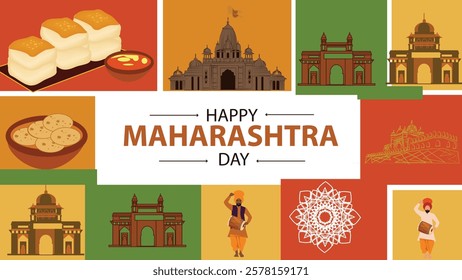 A vibrant vector collage celebrating Maharashtra Day, featuring traditional food like Pav Bhaji and Puran Poli, famous monuments like Gateway of India and Shaniwar Wada, 