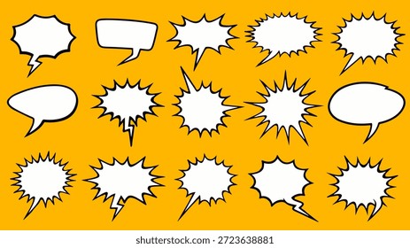 Eine lebendige Vektorsammlung mit 15 verschiedenen Sprechblasen im Comic-Stil, einschließlich Dialogfeldern, explosiven Burst-Formen und Schreivorlagen, einzeln auf hellorangefarbenem Hintergrund. Perfekt für Pop-Art-Designs, Social-Media-Inhalte, Werbung, Web-Design und Comic-Strip-Illustrationen.