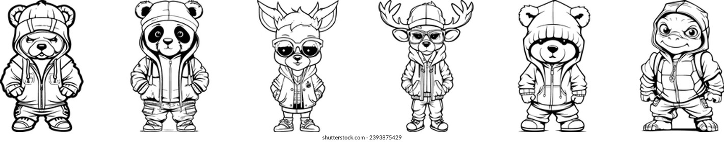 Vibrant vector collection of animals sporting hip hop fashion, showcasing cool streetwear styles with dynamic poses and urban flair.