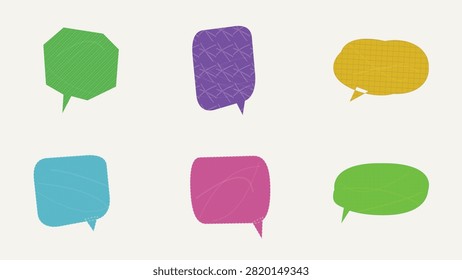 A vibrant vector collection of colorful, textured speech bubbles featuring diverse shapes such as rounded rectangles, ovals, and polygons. Perfect for chat interfaces, comic book dialogue, messaging graphics, social media posts, promotional banners, and creative UI elements.

#SpeechBubbles #VectorArt #GraphicDesign #TextFrames #ChatBox #DesignElements #VectorIllustration #CreativeAssets #PatternDesign #ComicBubbles