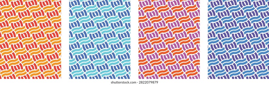 A vibrant vector collection featuring four colorful variations of a seamless abstract geometric wavy pattern. Designed with interlocking curved lines creating a dynamic weave texture, these repeating ornaments come in warm orange red, sky royal blue, orange magenta, and indigo blue colorways. Ideal for textile prints, fabric design, digital paper, packaging, web backgrounds, book covers, and modern branding assets.

#seamlesspattern #geometricpattern #wavypattern #vectortexture #patterncollection #textiledesign #repeatingpattern #surfacepattern #vectorgraphics #abstractpattern