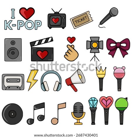 A vibrant vector collection of K-pop music and entertainment icons, including microphones, concert tickets, headphones, and fan lightsticks.