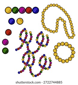 A vibrant vector collection of Mardi Gras beads and individual colorful beads, featuring yellow, green, purple, red, and blue hues, with a festive and celebratory aesthetic.