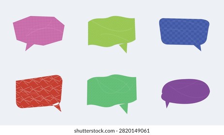 A vibrant vector collection of textured paper-style speech bubbles and dialog frames. Features a pink geometric speech frame, wavy lime-green and dark-green banner bubbles, a blue checkered chat box, a red pattern speech box, and an oval purple dialog bubble. Ideal for comic designs, social media graphics, sales tags, web banners, and creative UI elements.

#SpeechBubble #VectorArt #GraphicDesign #ComicBubbles #TextFrame #ChatBox #DesignElements #CreativeVector #DialogBox #Illustration #WebDesign #BannerDesign #SocialMediaGraphics #PaperCutDesign #VectorGraphics