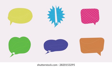A vibrant vector collection of textured paper-style speech bubbles and message frames. Features a zig-zag green bubble, checkered purple chat box, textured yellow polygon frame, blue starburst burst shape, double pink chat boxes, and a purple-to-green gradient geometric bubble. Perfect for comic art, web UI elements, social media graphics, and sales badges.

#SpeechBubble #VectorArt #GraphicDesign #ComicBubbles #TextFrame #ChatBox #DesignElements #CreativeVector #DialogBox #Illustration #WebDesign #BannerDesign #SocialMediaGraphics #PaperCutDesign #VectorGraphics