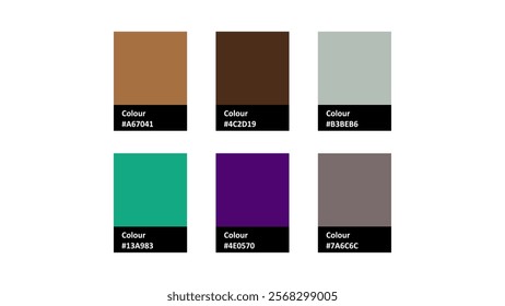 A vibrant vector color palette featuring six distinct shades, ranging from earthy browns and greens to bold purples and muted grays, perfect for design inspiration and creative projects