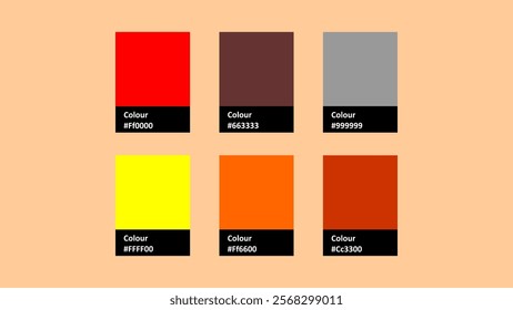 A vibrant vector color palette featuring six distinct shades, perfect for design projects. Includes bright red, deep brown, neutral gray, vivid yellow, bold orange, and rich red orange