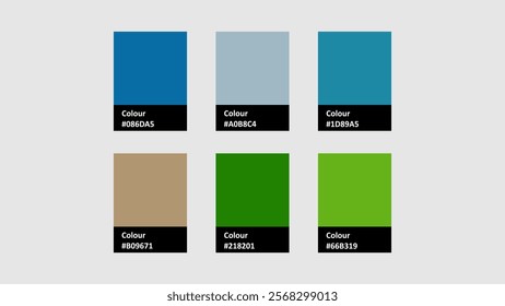 A vibrant vector color palette featuring six distinct shades of blue, green, and brown. Perfect for design projects, branding, and creative inspiration. Ideal for designers seeking diverse color