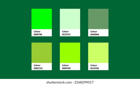 A vibrant vector color palette featuring six shades of green, ranging from bright neon to muted tones. Ideal for design projects needing a fresh, natural touch