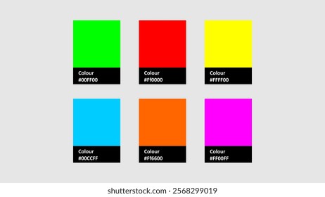 A vibrant vector color palette featuring six distinct and bright colors. Perfect for design projects, digital art, and creative inspiration. Ideal for graphic designers and artists