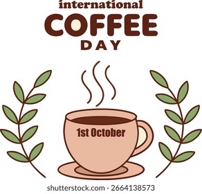 Ein lebendiges Vektordesign, das den Internationalen Kaffeetag feiert, mit einer reichen Farbpalette und einer klaren Typografie für die Werbeaktion.
