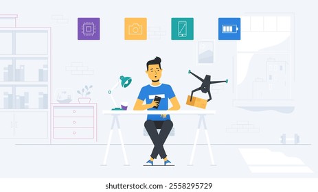 A vibrant vector design depicting a tech enthusiast in a minimalist workspace, showcasing futuristic gadgets, innovation icons, and modern aesthetics. Perfect for technology or creative themes