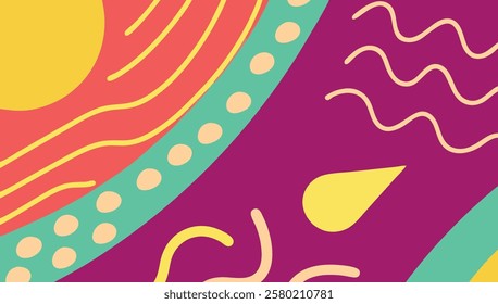 Vibrant vector design featuring abstract shapes, including waves, circles, and lines in warm colors. The composition reflects a playful and dynamic environment