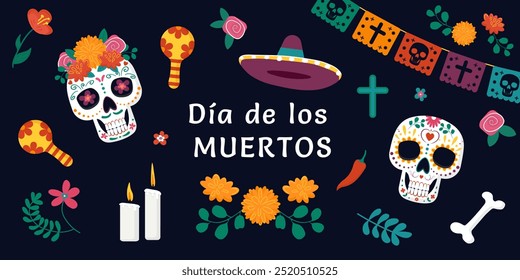 Vetor vibrante Dia de los Muertos conjunto com crânios coloridos, rosas, marigolds, maracas, sombrero, velas, cruz, ossos, banners festivos, tradições encapsulantes e espírito alegre do feriado mexicano.