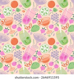 Vibrant vector doodle cocktails with layered colors, surrounded by strawberries, cherries, limes, oranges, and grapes. Playful hand-drawn style.