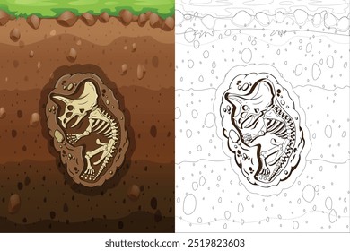 Eine lebendige Vektorgrafik eines Triceratops-Fossils, das unter der Erde begraben ist und sowohl farbige als auch umrissene Versionen aufweist. Perfekt für ein Malbuch für Kinder, das Kreativität und Spaß am Lernen fördert.