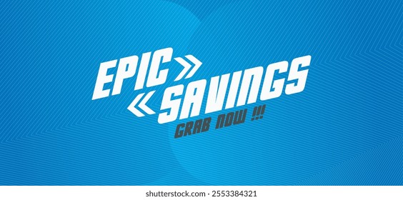 Vibrant vector with "EPIC SAVINGS" in bold, retro font. Dynamic background creates eye-catching look for sales, promotions, discounts. Versatile for retail, e-commerce, marketing