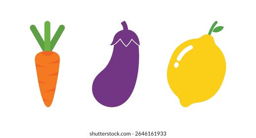 Um vetor vibrante EPS com ícones de uma cenoura, berinjela e limão, perfeito para comer saudável, cozinhar, fazenda e produtos frescos projetos relacionados.