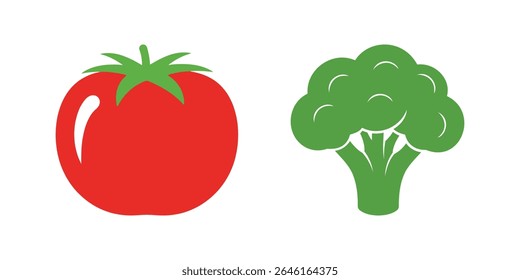 Un EPS de Vector vibrante con íconos de un tomate rojo y brócoli verde, perfecto para una alimentación saludable, nutrición, jardín y diseños relacionados con la comida.