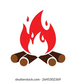 A vibrant vector EPS icon depicting a campfire with red flames and brown logs, perfect for outdoor, camping, warmth, and adventure themes.