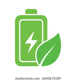 A vibrant vector EPS icon featuring a green battery with a lightning bolt and a leaf, representing eco friendly energy, sustainability, and power saving.