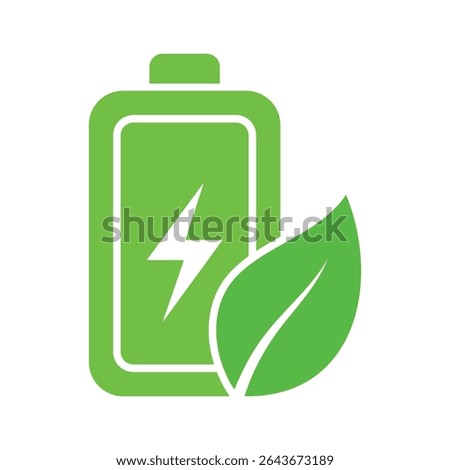 A vibrant vector EPS icon featuring a green battery with a lightning bolt and a leaf, representing eco friendly energy, sustainability, and power saving.