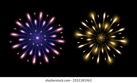 Los vibrantes fuegos artificiales de Vector con destellos y destellos deslumbrantes son ideales para celebraciones de Año Nuevo o vacaciones, perfectos para decoraciones, carteles, impresiones, Anuncios, Fondos de pantalla y tarjetas, agregando encanto festivo.