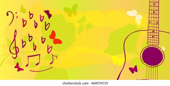 A vibrant vector flier with musical notes and butterflies, with a drawing of a guitar, floral silhouettes and brush strokes