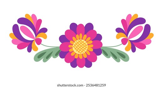 Vibrant vector floral illustration. Mexican folk art with bold flowers and leaves in shades of pink, purple, orange, and green. Good for traditional holidays as Cinco de Mayo and dia de los muertos