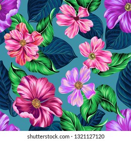 Vibrant vector floral pattern. Classic style of textile and print illustration. Large blossoming flowers. Seamless plants design.