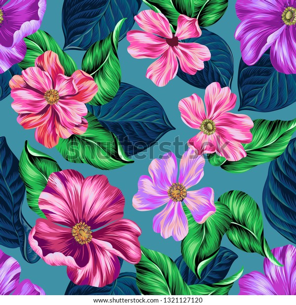 鮮やかなベクター画像花柄 織物や印刷イラストのクラシックなスタイル 大きな花開く花 シームレスな植物のデザイン のベクター画像素材 ロイヤリティフリー